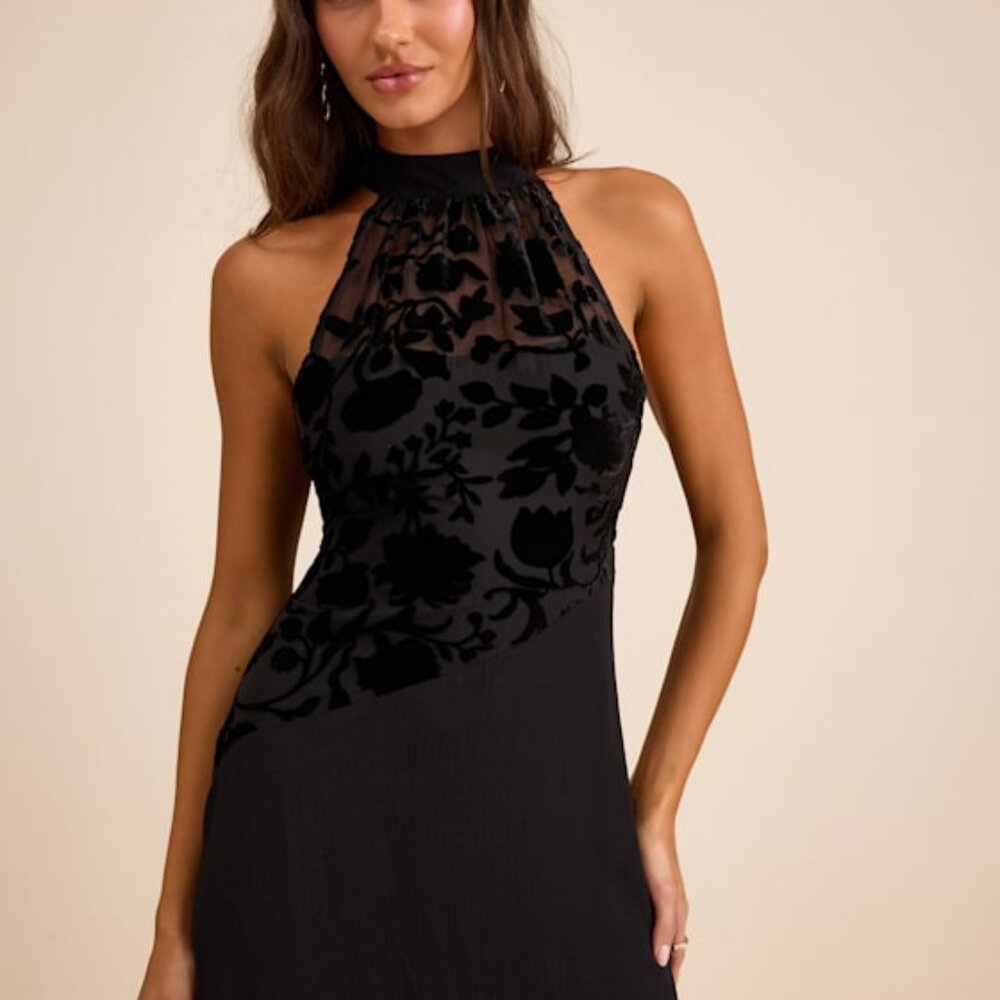 Lulus Lovella Black Velvet Burnout Chiffon Maxi Dress - Size M